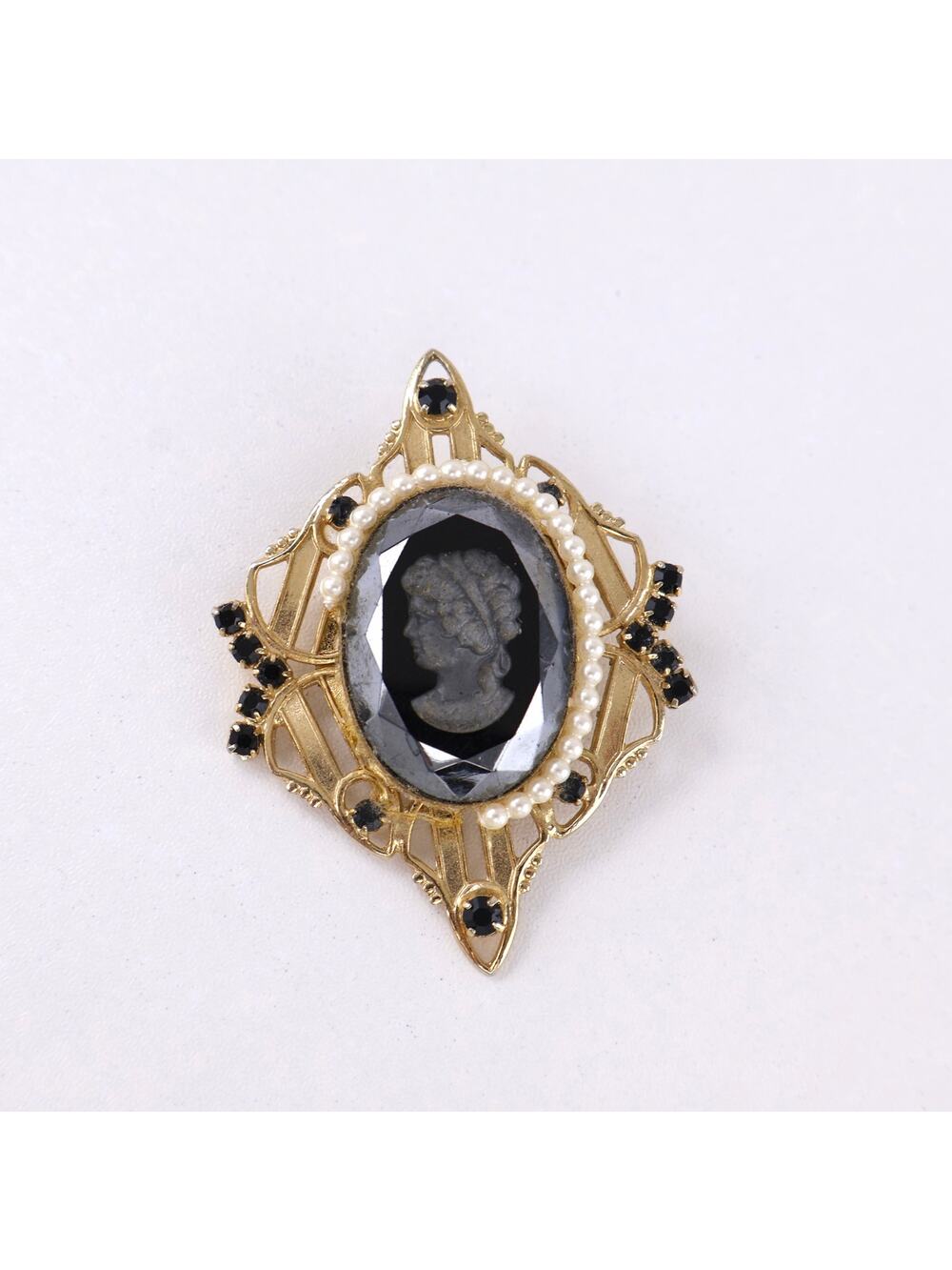 Vintage Intaglio Cameo Brooch Black Glass Pearl Gothic‎ Victorian Pin Flawed 2"